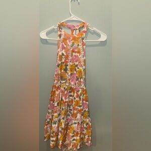 Floral halter neck backless Dress with Pink and Orange Accents